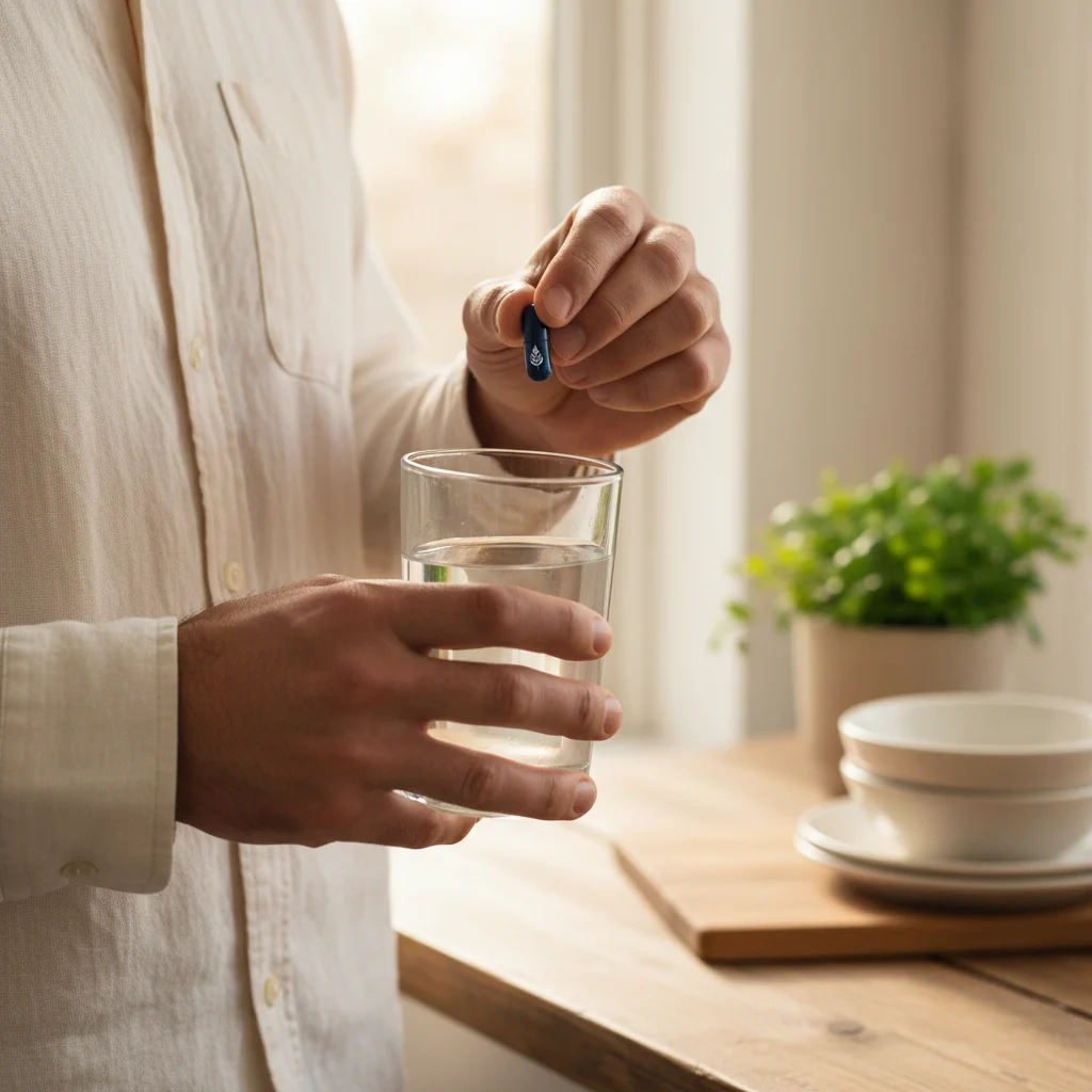 Hands holding a glass of water and a supplement capsule - morning wellness routine for men over 50